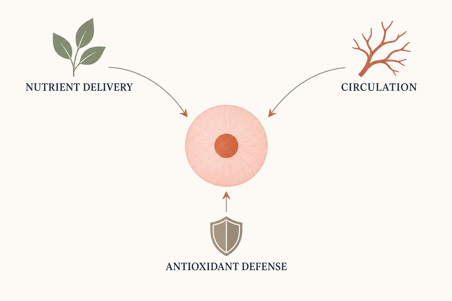 Three pathways supporting macular health — nutrient delivery, circulation, and antioxidant defense